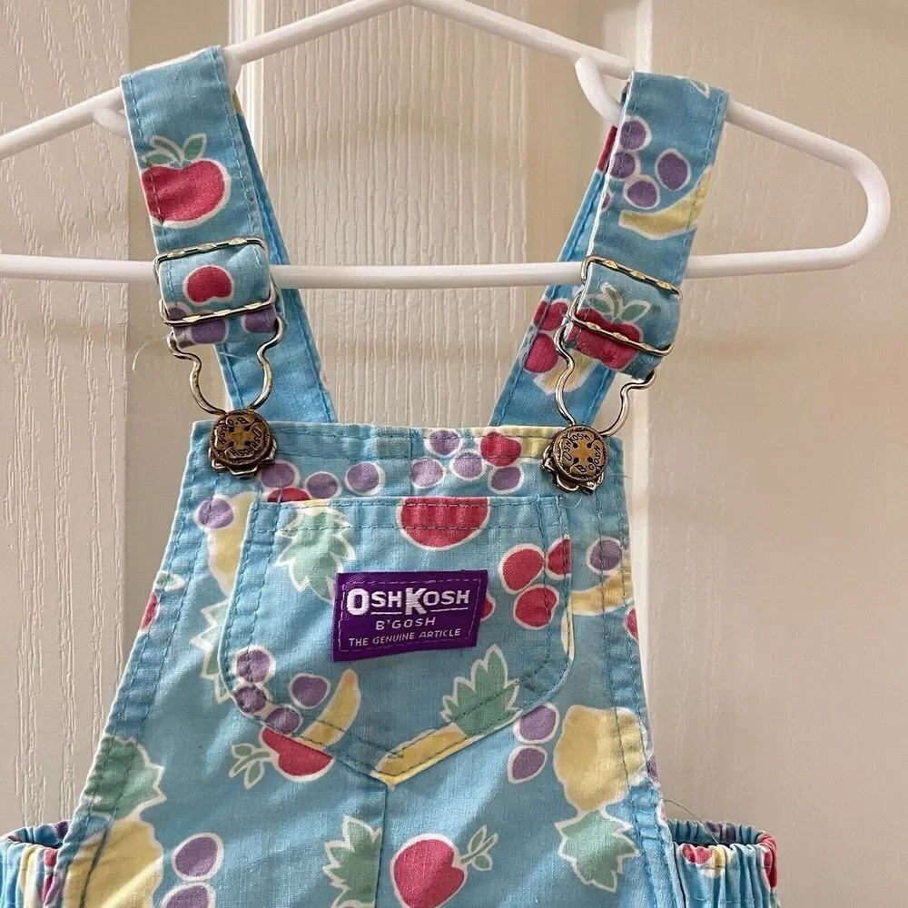 Vintage Oshkosh B'gosh Blue Fruit Shortalls Romper USA Girls Size 18 Months